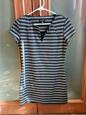 Le Chateau Black and Gray Striped Short Sleeve Knit Mini Dress